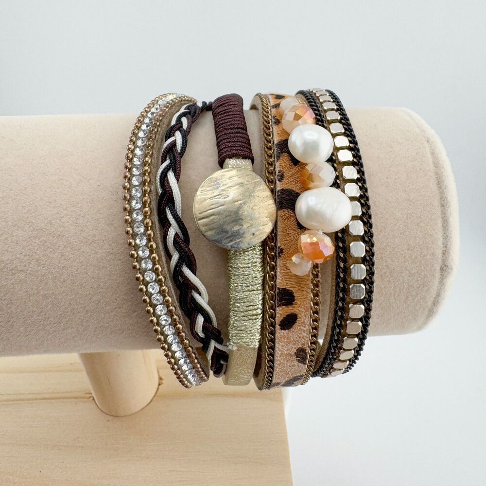 Multi-Strand Mixed Material Bracelet Bohemian Animal Print Rhinestone Faux Pearl